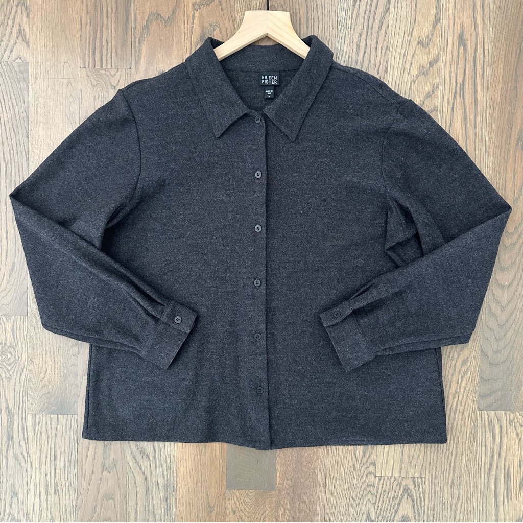 Eileen Fisher Boiled Wool Long Sleeve Collared Shirt In Charcoal Grey Large